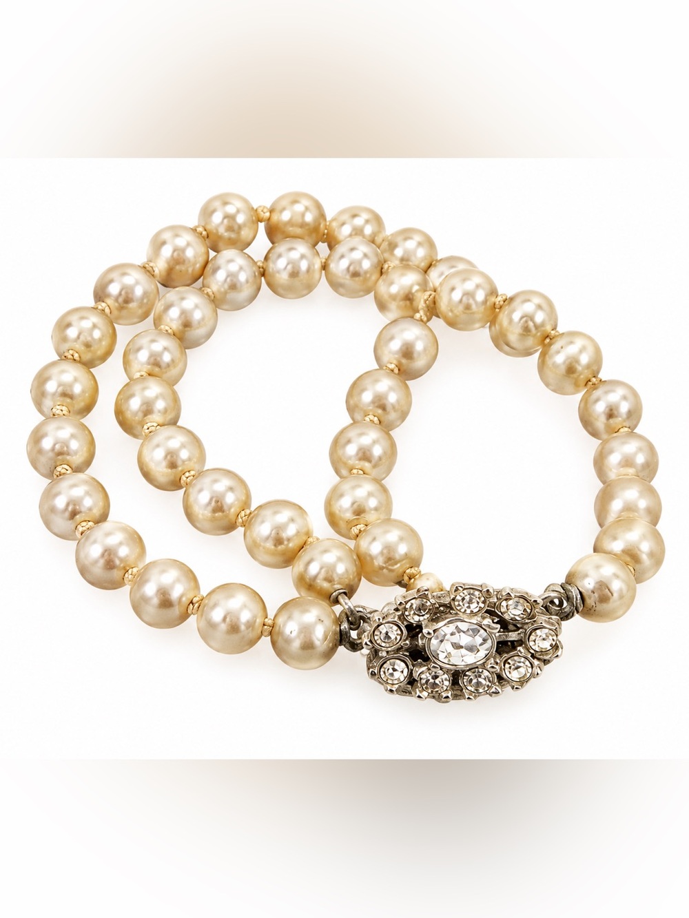 Vintage Double Strand Faux Pearl Rhinestone Clasp Bracelet